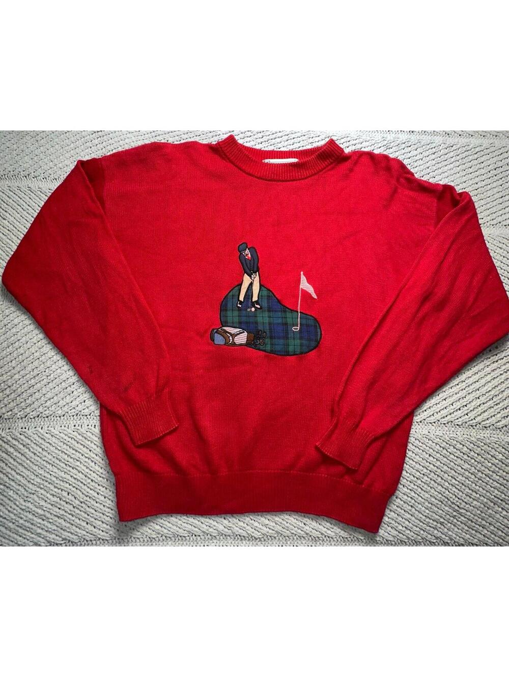 Men's Vintage John Ashford Golf Red 18th hole Golf Sweater Size Medium